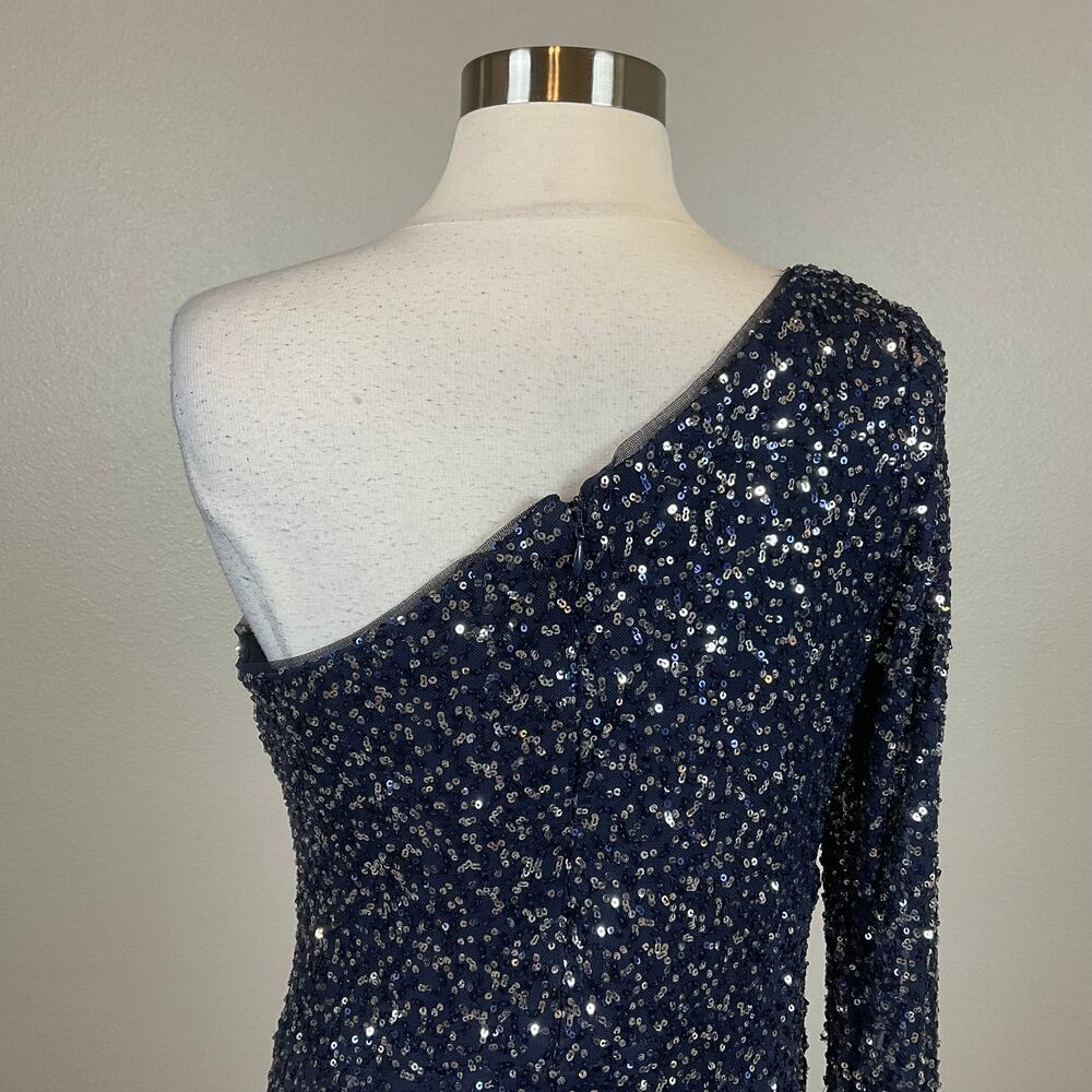 Betsy & Adam Blue Cocktail Dress Sequin One Shoulder Long Sleeve Sheath Size 10 - Picture 9 of 13